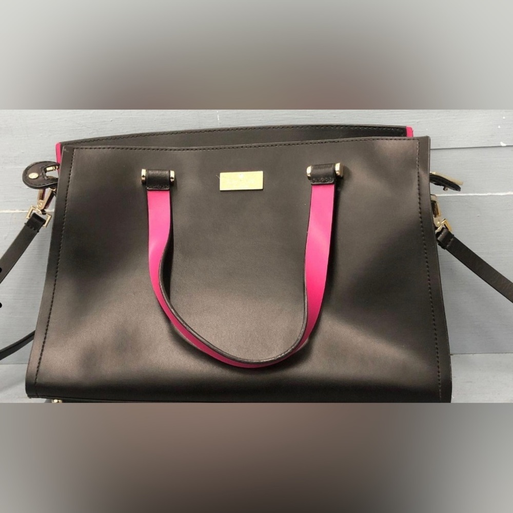 Kate Spade NY Black Pink Leather Bottom Studs Detachable Strap Zip Satchel Bag